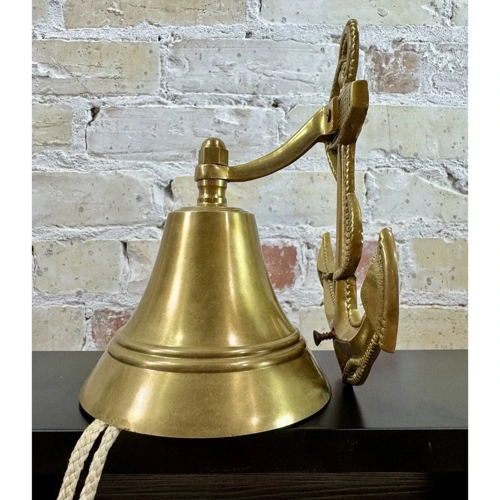 Vintage Solid Brass Ship Bell Anchor Wall Mount Nautical Maritime Rope 6.5
